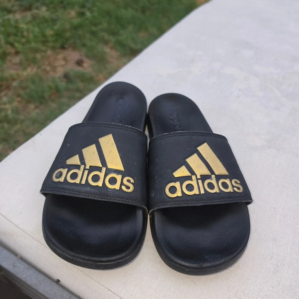Adidas Adilette Shower Slides Black Gold Metallic Logo Sandals B41742 Mens 7